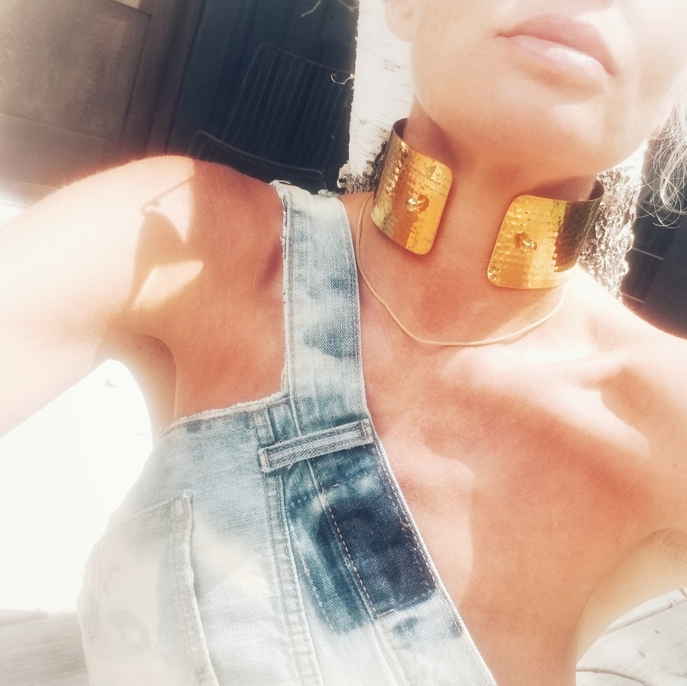 Gold brass choker collar bold necklace